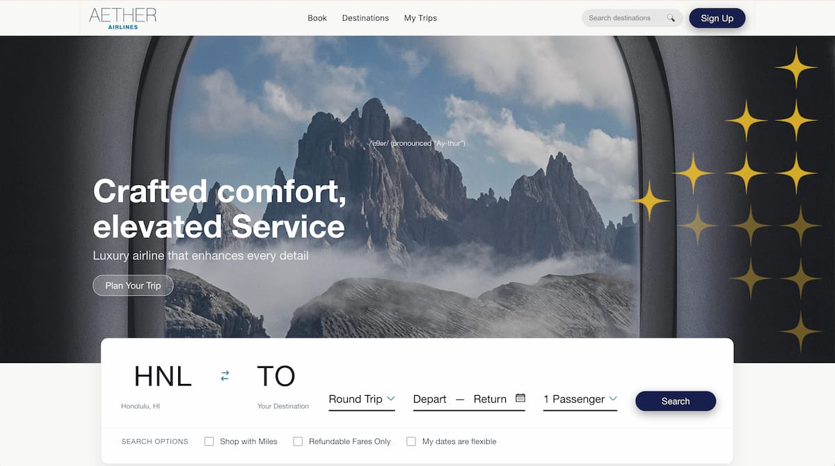 Aether Airlines website homepage