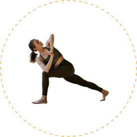 A person in a side twist stretch known as Revolved Warrior Pose 
